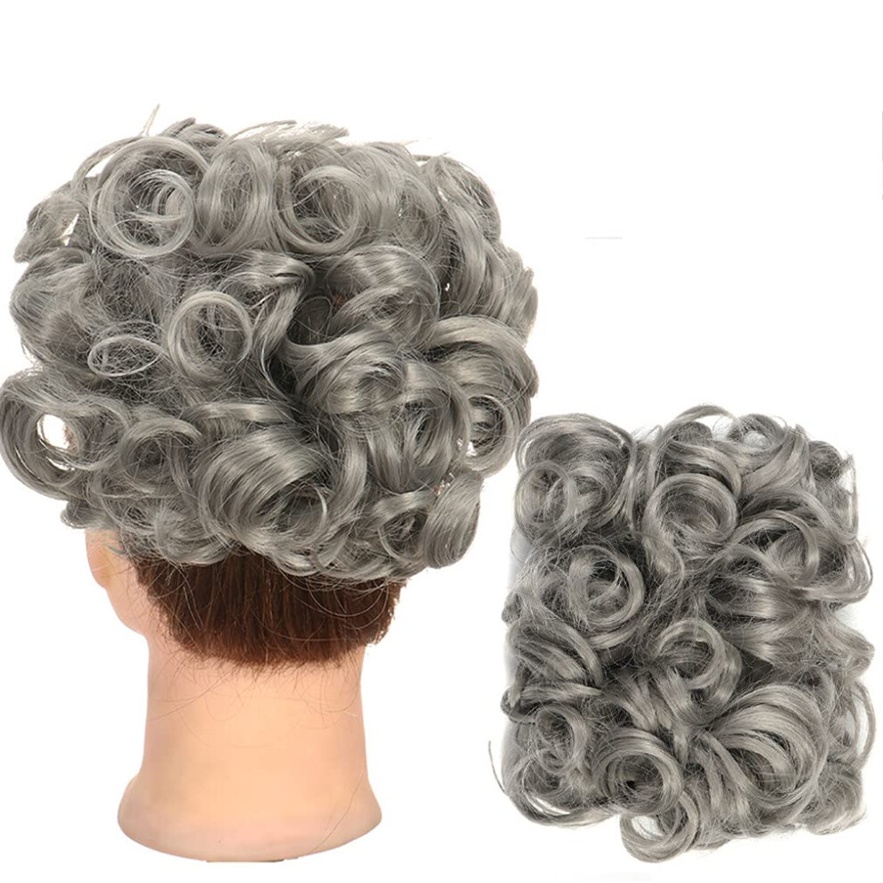 Unisex Hair Bun Extension With Clip In Curly Synthetic Hair, Messy Chignon Hairpiece Q1 Dimgray