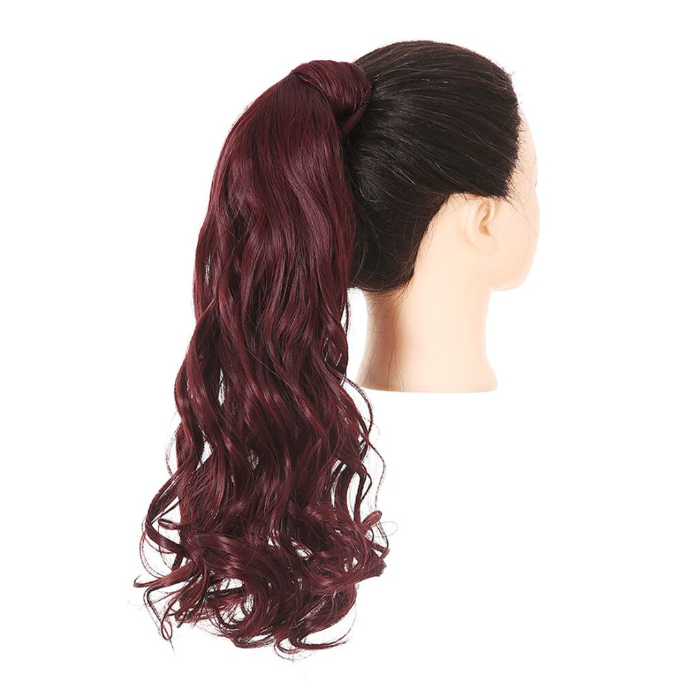 Unisex Ponytail Hair Extension 20 Inch Wine1 Straight Kinky Curly Wrap Around Synthetic Hairpiece