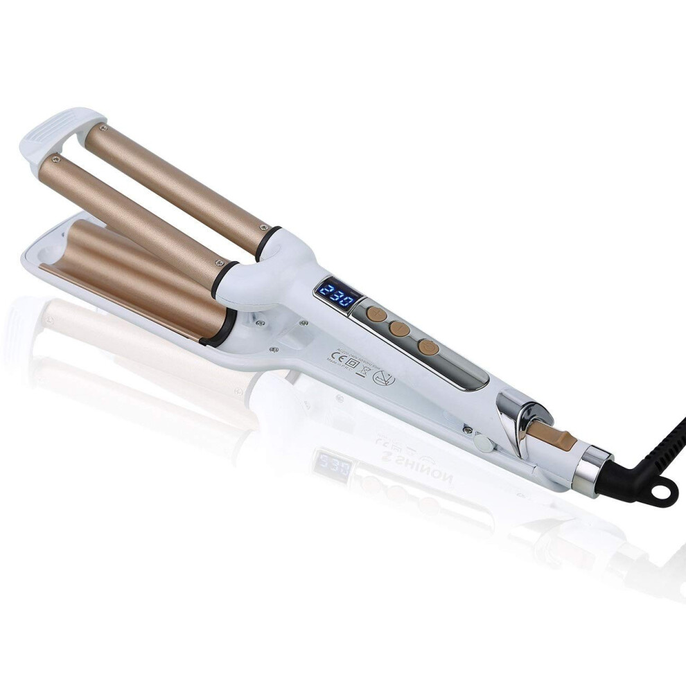 Gold/White Hair Crimper And Hair Waver 3 Barrel 0.6 Inch Ceramic Iron Rapid Heatup Adjustable Temp