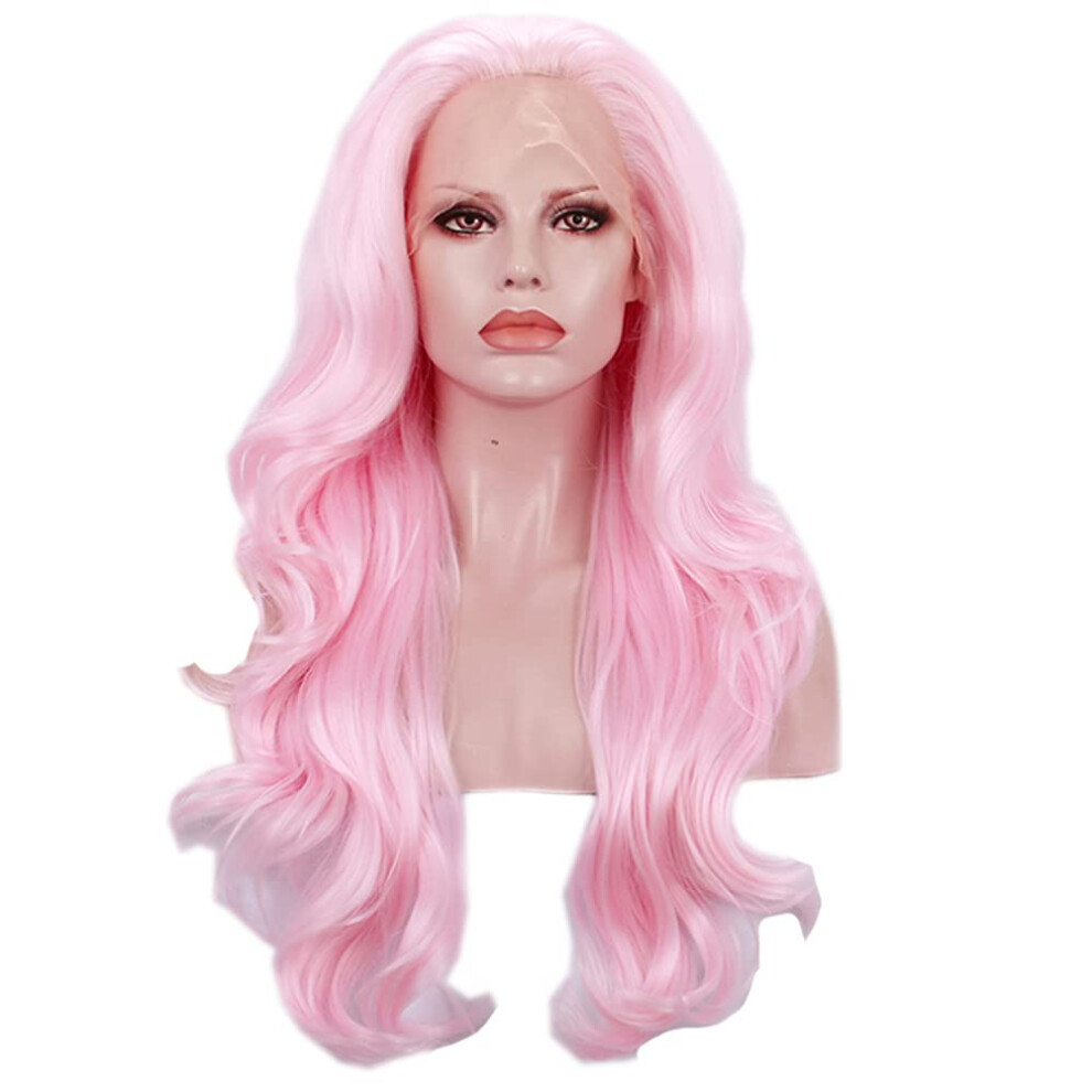 Unisex Pink Synthetic Lace Front Wig 26 Inch Long Wavy Natural Hair Texture For Cosplay And Party