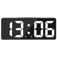 LED-Wecker für Studentenzimmer, großes Display, einstellbare Helligkeit, Sprachsteuerung (schwarzes Gehäuse, weiße Schrift)