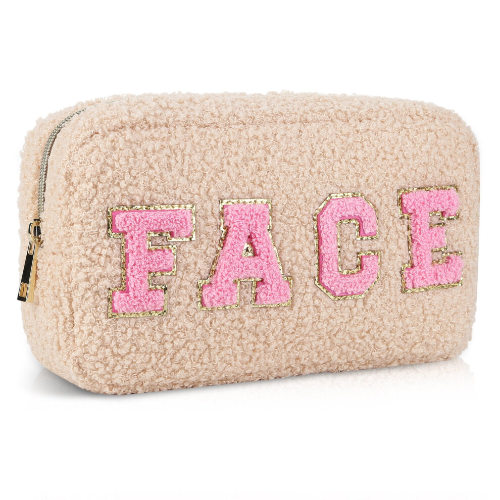 Chenille Letter Makeup Bag Plush Cosmetic Bag Travel Toiletry Pouch (Champagne)