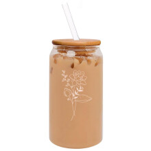 16oz (ca. 473 ml) großer, dosenförmiger Glasbecher für Eiskaffee mit Bambusdeckel und Strohhalm, Geschenkidee mit Geburtsmonatsblumen (Juli -
