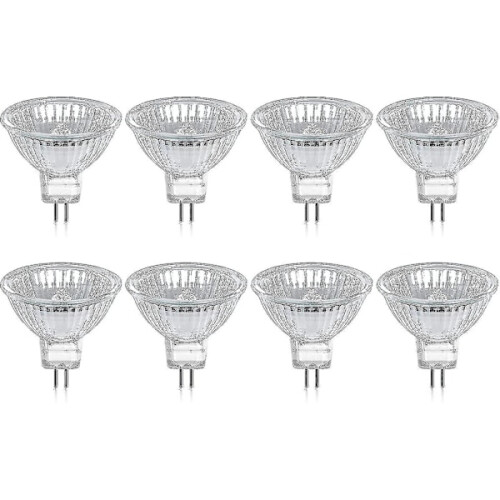 Σετ 8 λαμπτήρων αλογόνου GU5.3MR16 20W12V θερμού λευκού, γυάλινο καπάκι 400Lumens,