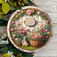 Ξύλινη Κρεμαστή Ετικέτα Love Blooms Here Spring Garden Steam Sign, Στρογγυλή Διακόσμηση για