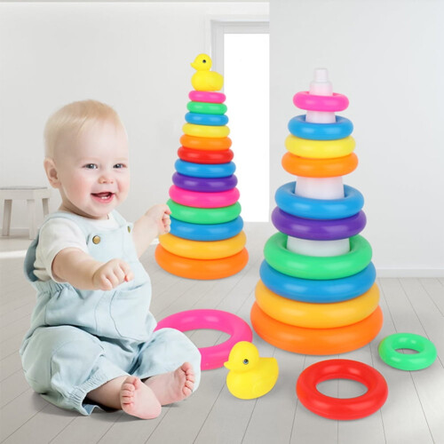 Mojoyce Early Educational Rainbow Tower Stack Circle Duck Ring Puzzle Pyramid (B) 1