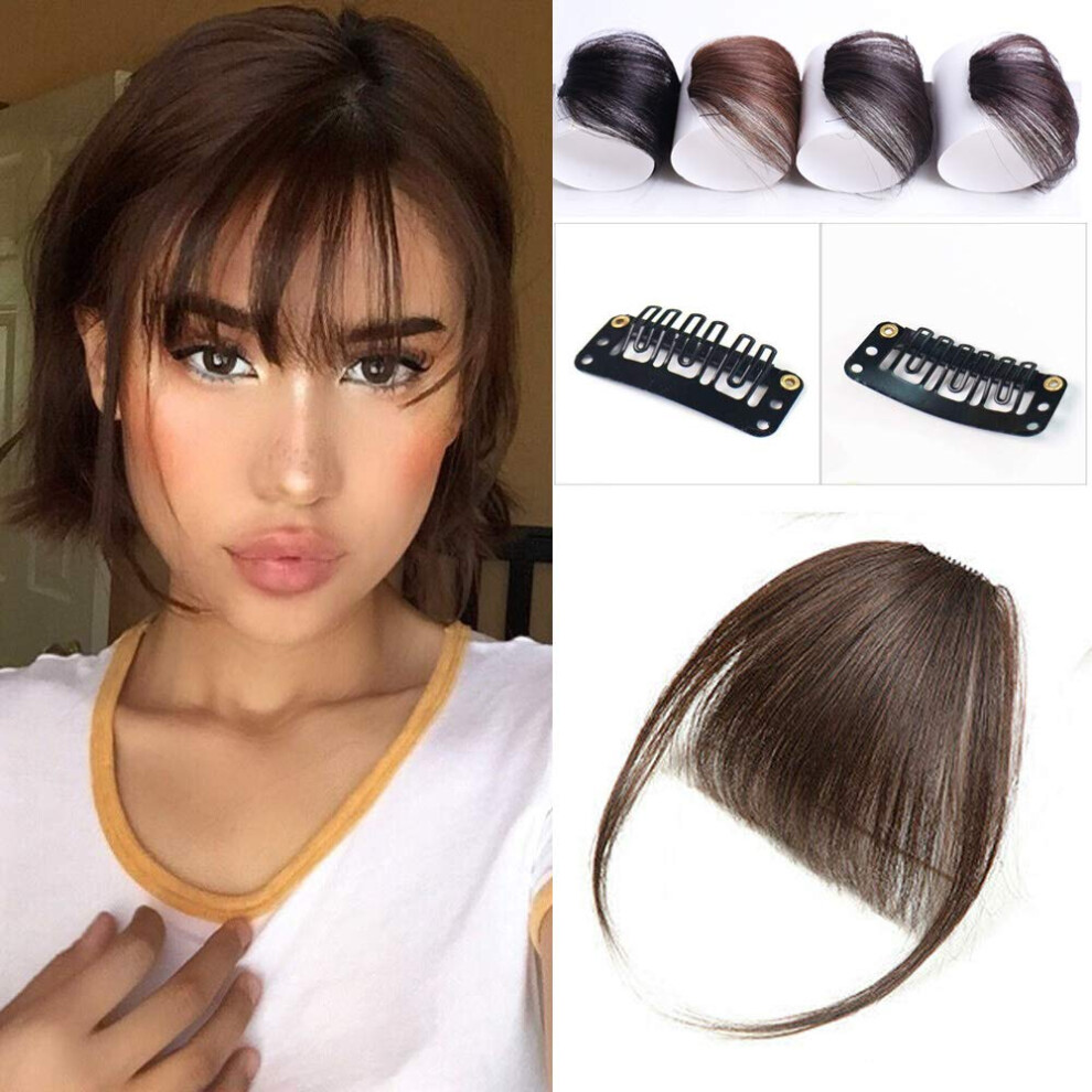 Unisex Brown Clip In Bangs Human Hair With Temples Dark Remy Fringe For Instant Natural Styling