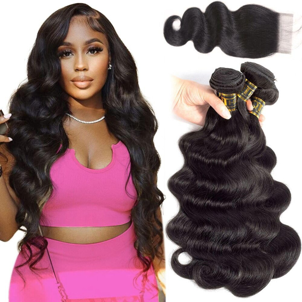 Unisex Brazilian Body Wave Hair 3 Bundles With 4X4 Preplucked Swiss Lace Closure 100% Virgin Human Hair