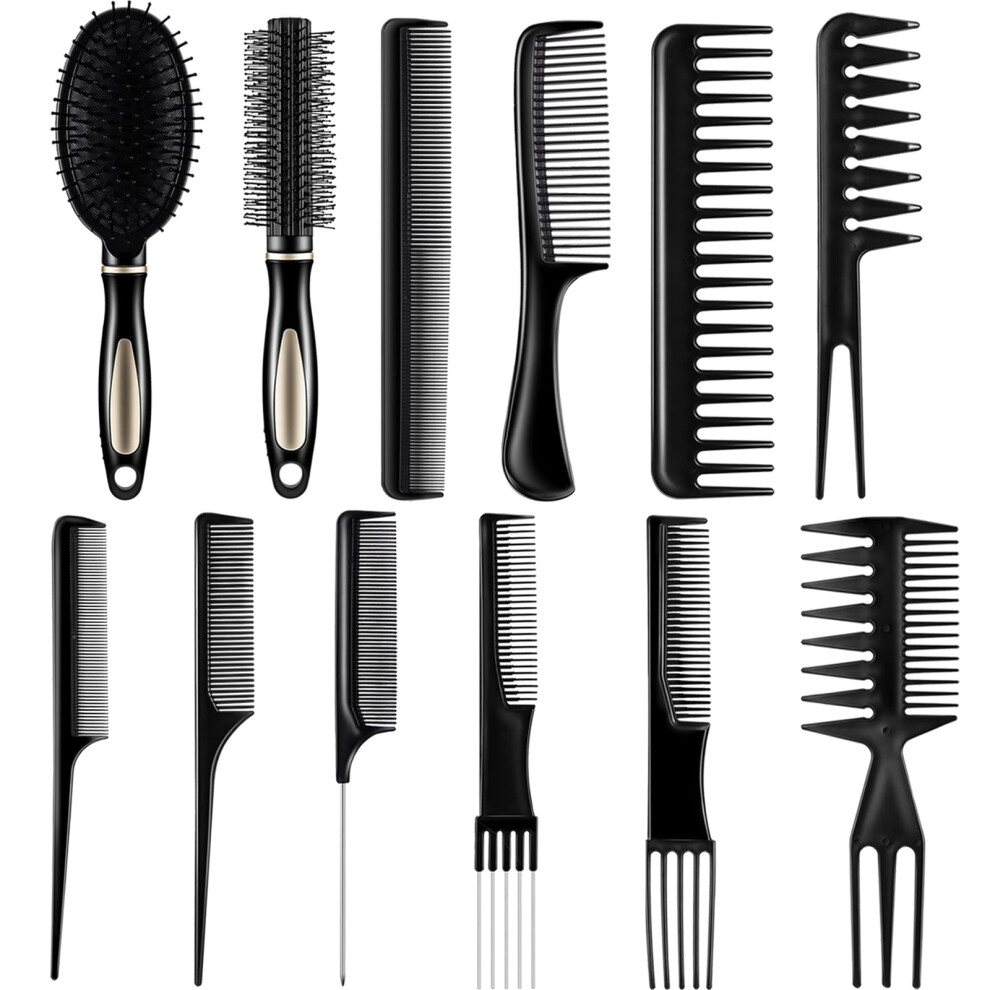 12 Piece Hair Brush and Comb Set Black Paddle Detangling Hairbrush for Wet Dry Curly Straight Hair