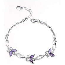 Butterfly Bracelet, Double Layer Silver Jewelry, 3 Purple and White Butterflies 7+2 Inches