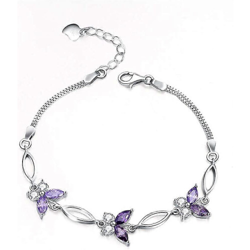 Pulseira de Borboletas, Jóias de Prata de Duas Camadas, 3 Borboletas Roxas e Brancas 7+2 Polegadas