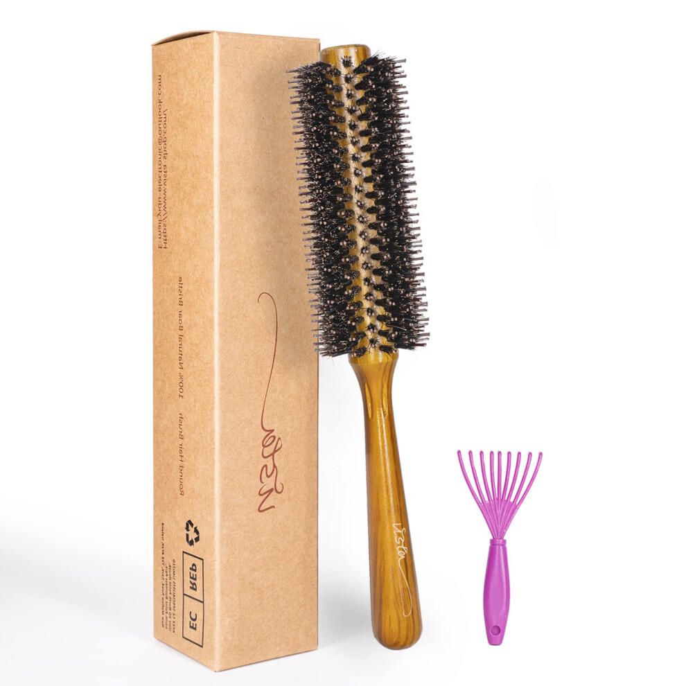 Boar Bristle Round Hair Brush for Smoothing and Shine, Ergonomic Wooden Handle for All Hair Types