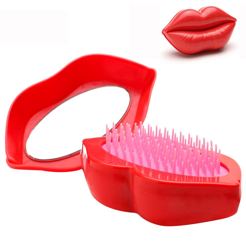 Red Detangling Hair Brush With Builtin Mirror, Compact Lips Travel Brush For All Hair Types