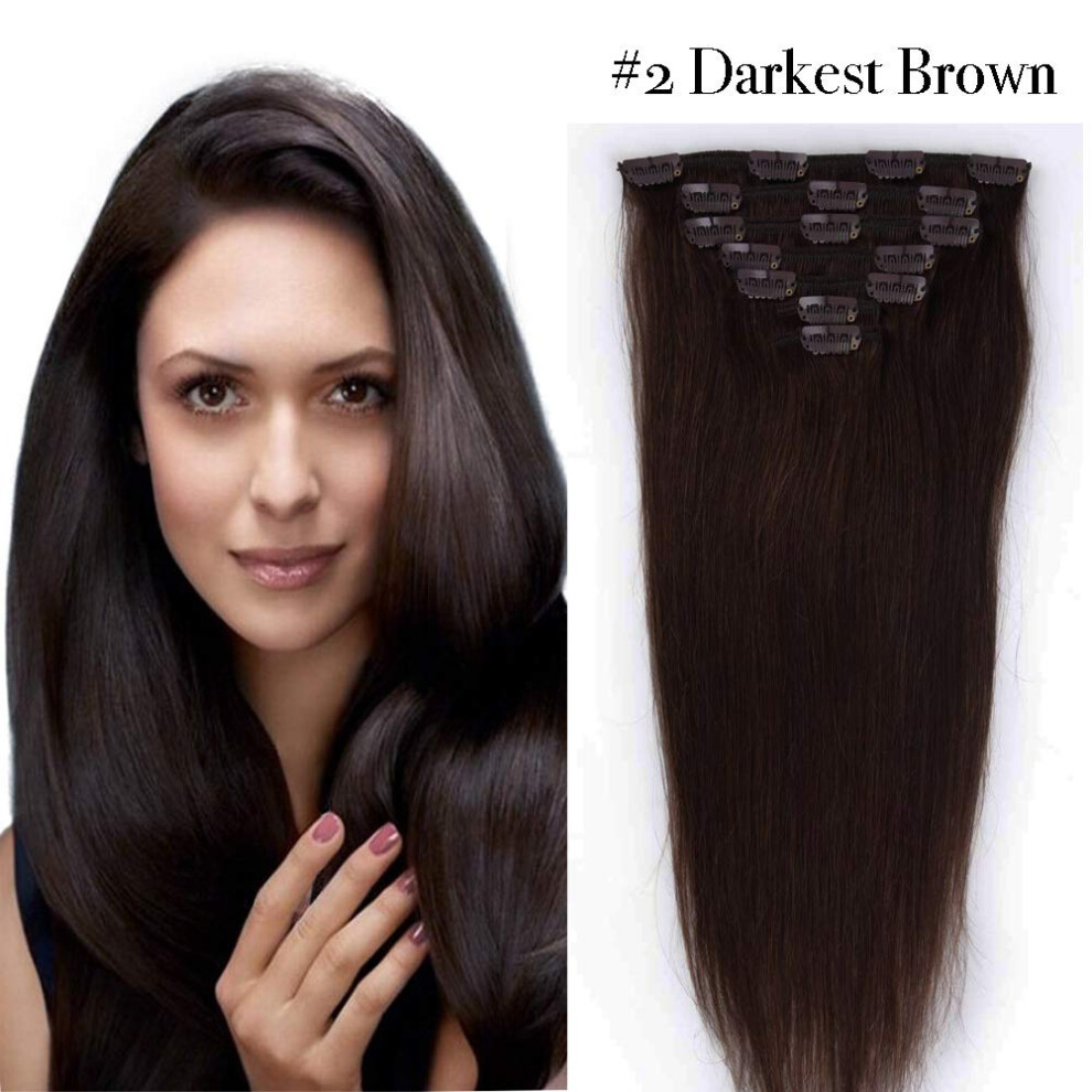 Unisex Brown 18 Inch Dark Clip In Human Hair Extensions Full Head 100% Remy Silky Straight 70G