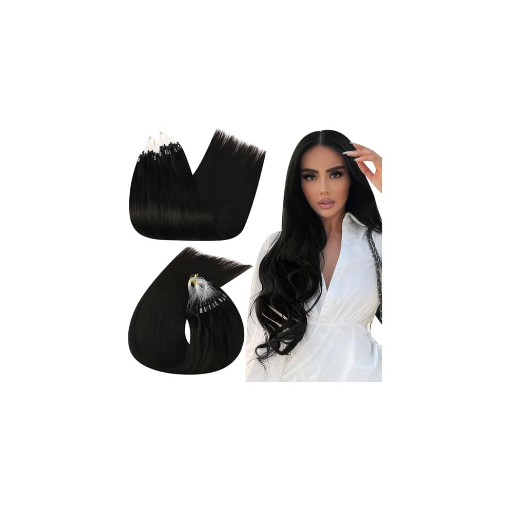 Micro Loop Hair Extensions Real Human Hair Natural Black 20 Inch Remy with Secure Silicone Grip