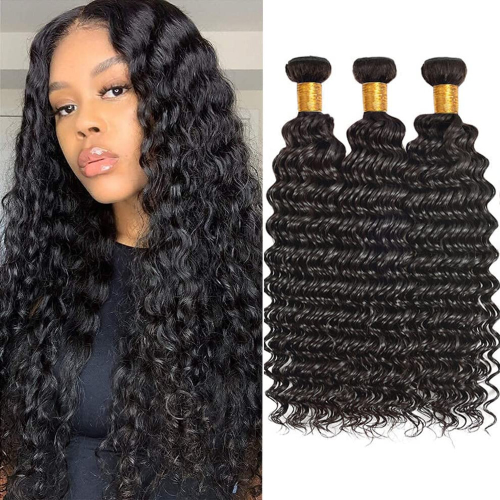 Unisex 30 Inch Deep Wave Virgin Remy Peruvian Human Hair Bundles Double Weft Tangle Extensions
