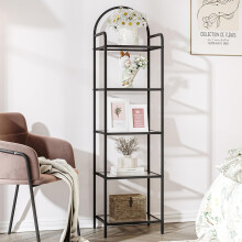 Bookcase Bookshelf, Tempered Glass Bookshelves, Slim Shelving Unit for Bedroom, Bathroom, Home Office, Steel Frame, 5Tier Black