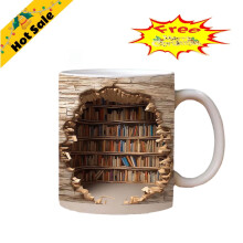 2pcs Fanshiluo 3D Bookshelf Mugs, 10 oz White Ceramic Coffee Tea Cup, Novelty Library Mug, Couple Fashion Cup on Sale