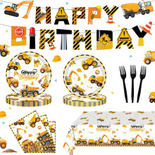 Décorations pour une fête d'anniversaire sur le thème du chantier (122 pièces) : assiettes, gobelets, serviettes, couverts, pour 24 personnes.