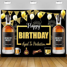 Whiskey Happy Birthday Backdrop for Men, Gold Glitter Balloons, Aged to Perfection, Beer Theme Party Decor