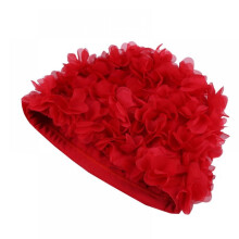 Women Swimming Cap Floral Elastic Breathable Padding Bathing Hat for Long Hair, Red