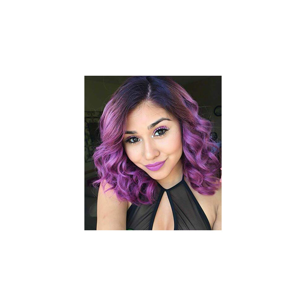 Pastel Purple Ombre Lace Front Bob Wig 14 Inch Curly Wavy Natural Hairline with Black Roots