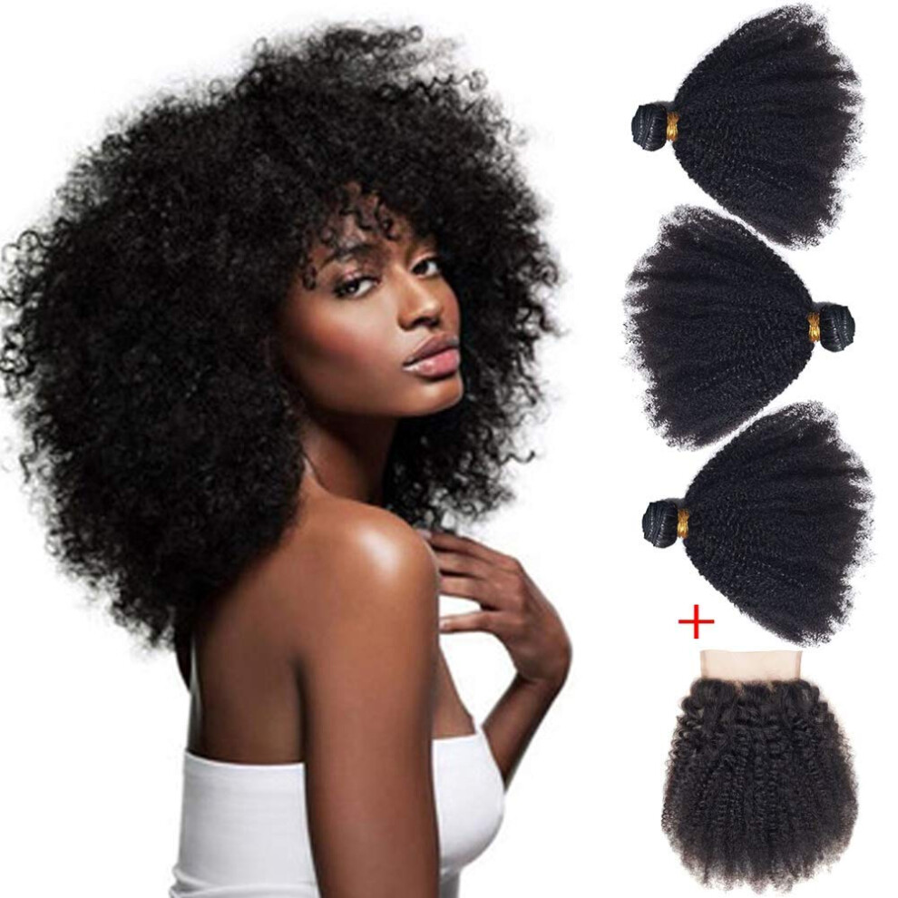 Afro Kinky Curly Human Hair Bundles with 4x4 Lace Closure Virgin Hair Weave for Black Women