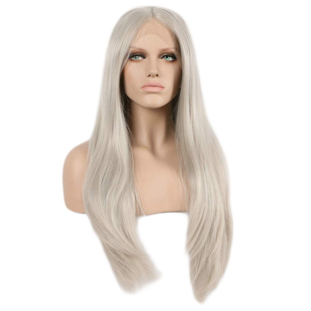 Unisex 26 Inch Ash Blonde Lace Front Wig For Women, Synthetic Heat Resistant Fibers, Natural Hairline