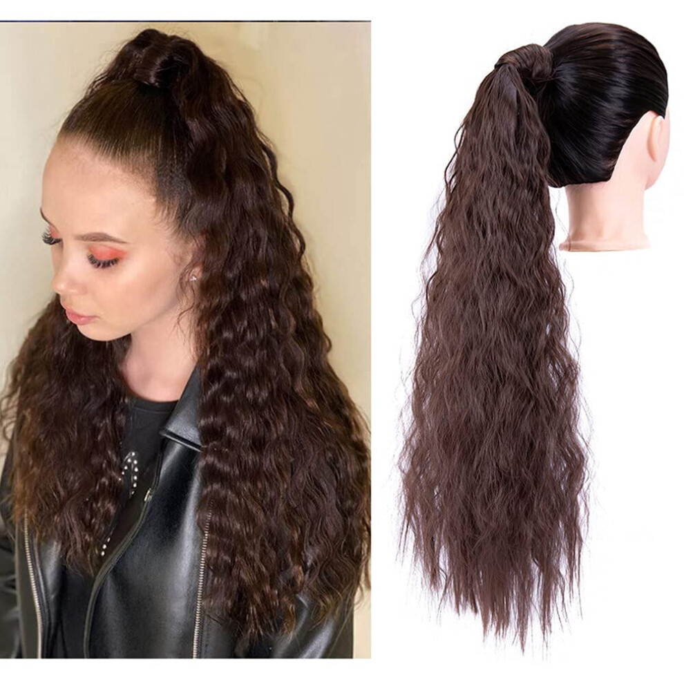 Ponytail Hair Extension Wavy Long 22 Inch Ombre Brown Blonde Synthetic Wraparound for Women