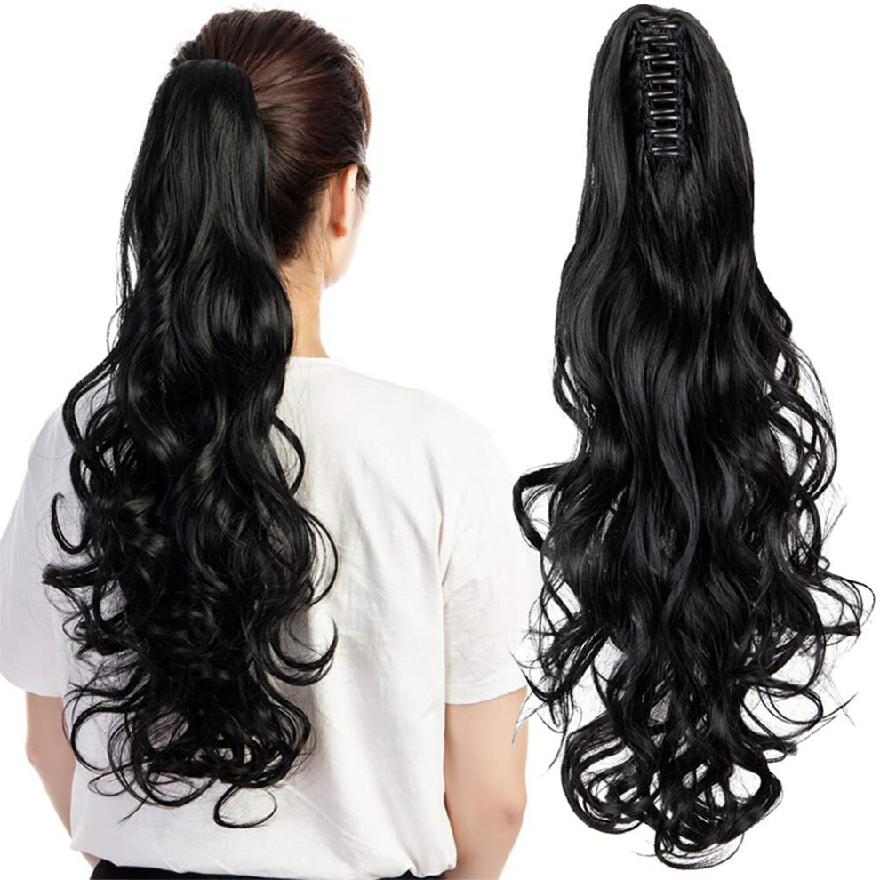 24 Inch Wavy Ponytail Hair Extension Black Deep Wave Clip In Synthetic Wrap Around Hairpiece
