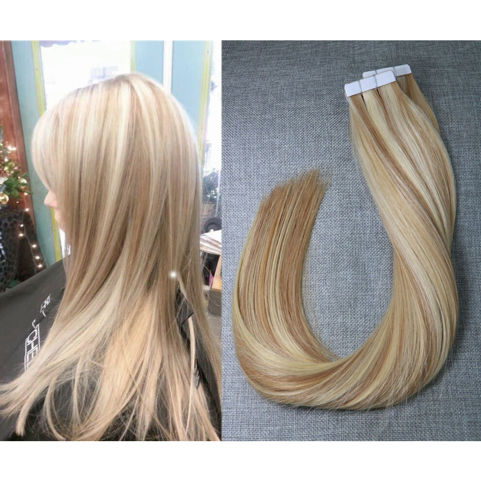 Unisex Brown 14 Inch Tape In Hair Extensions 100% Brazilian Remy Human Hair Natural Straight #12/613 Golden And Bleach Blonde 50G