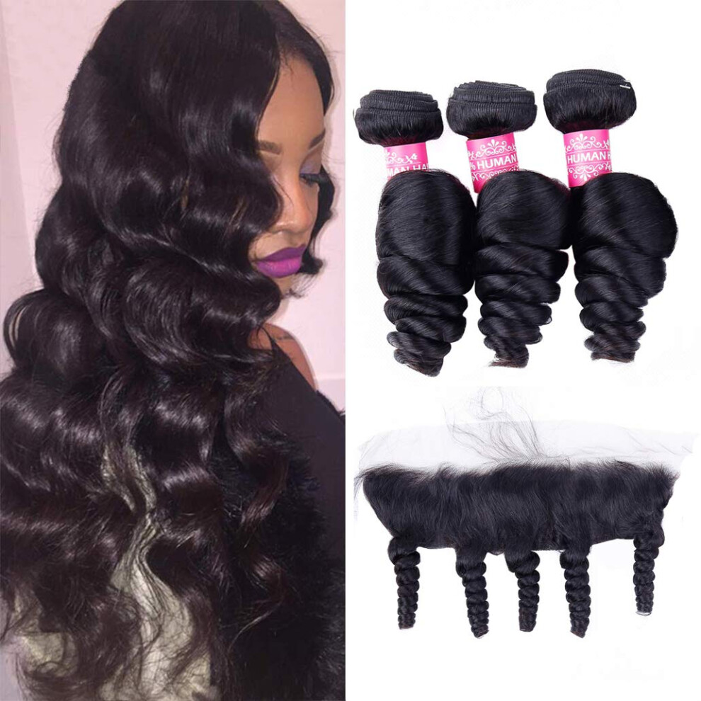 Unisex Peruvian Human Hair Bundles Loose Wave With 13X4 Lace Frontal 24 26 28 + 20 Virgin Remy Extensions