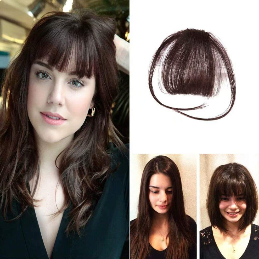 Unisex Brown Clip In Bangs Dark 100% Remy Human Hair Fringe Wispy Style Heatstyle And Dyeable