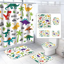 Dunkelblaues Duschvorhang-Set mit brüllenden Dinosauriern, wasserdicht, mit Cartoon-Jurassic-Dinosaurier-Motiv, inklusive 4-teiligem Badevorhang-Set