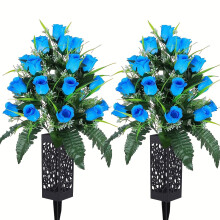 Künstliche Friedhofsblumen, 2er-Set künstliche Rosensträuße mit Vase zur Grabsteindekoration