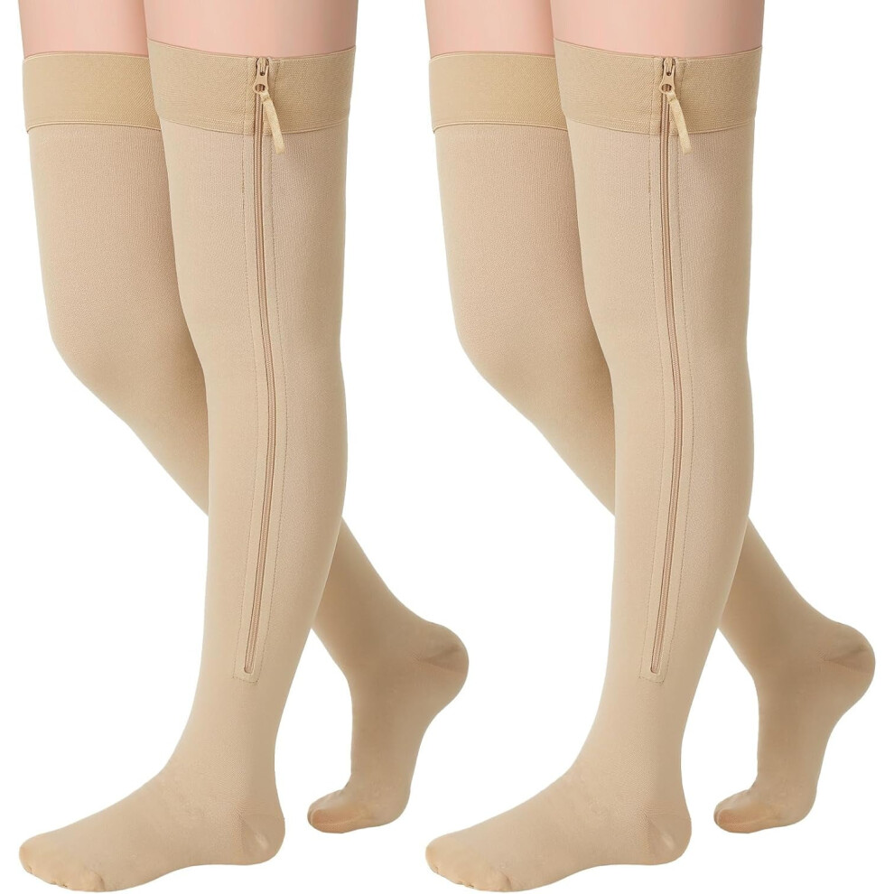2 Pairs Zipper Compression Socks Thigh High 20-30 mmHg Compression Socks Closed Toe Thigh High Compression Stockings
