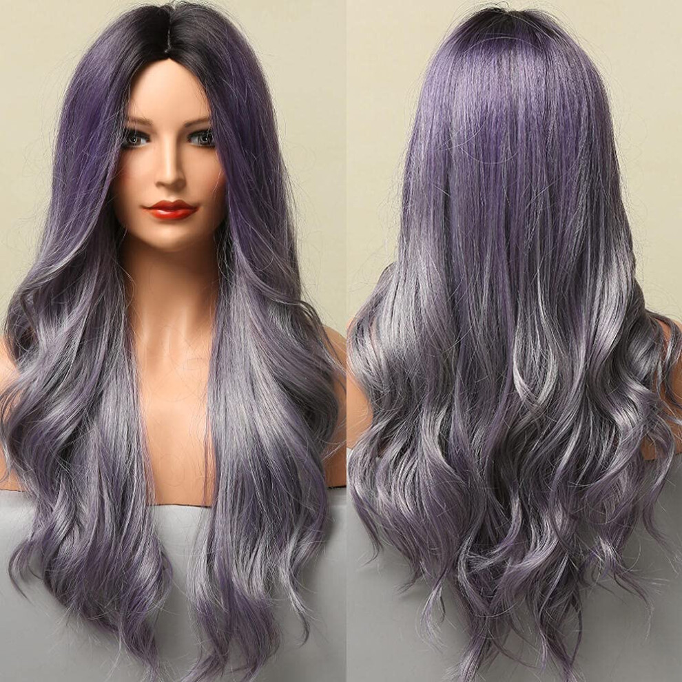Unisex Long Wavy Ombre Synthetic Wig For Women With Headband No Glue Heat Resistant 28 Inches