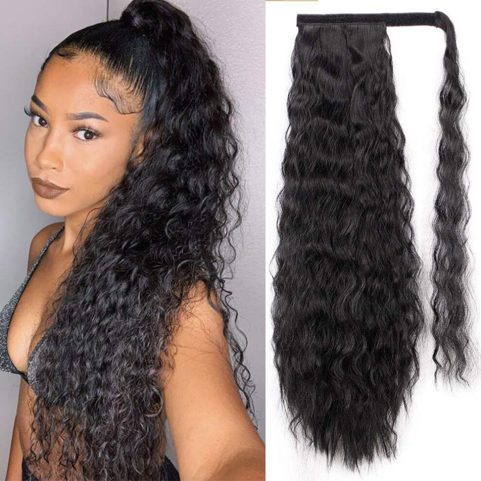 Unisex Black Synthetic Ponytail Hair Extensions Long Wavy Corn Wave Heat Resistant Wrap Around Hairpiece