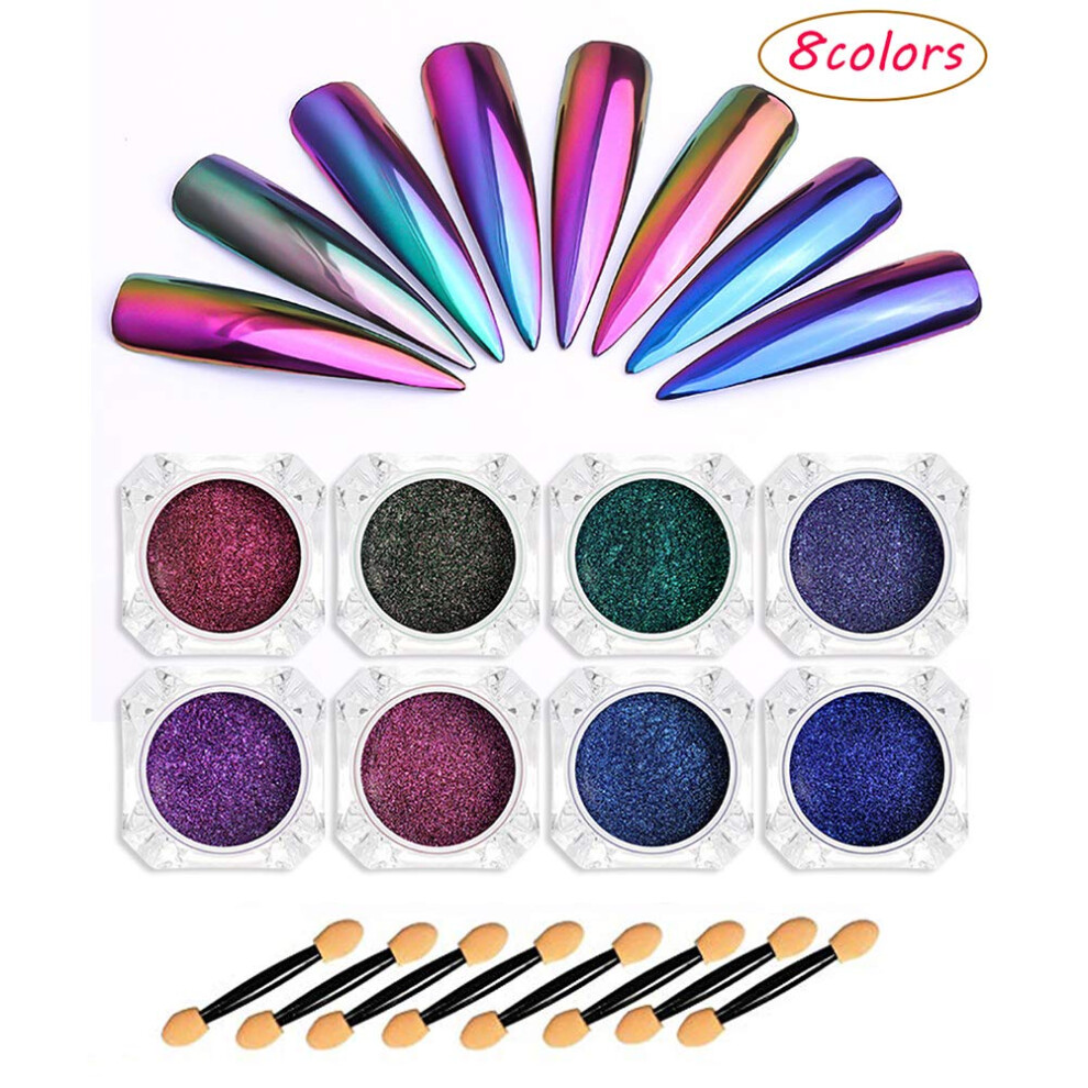 Chrome Nail Powder Set Mirror Effect Glitter 8 Colors Chameleon Pigments with Brushes 0.2g