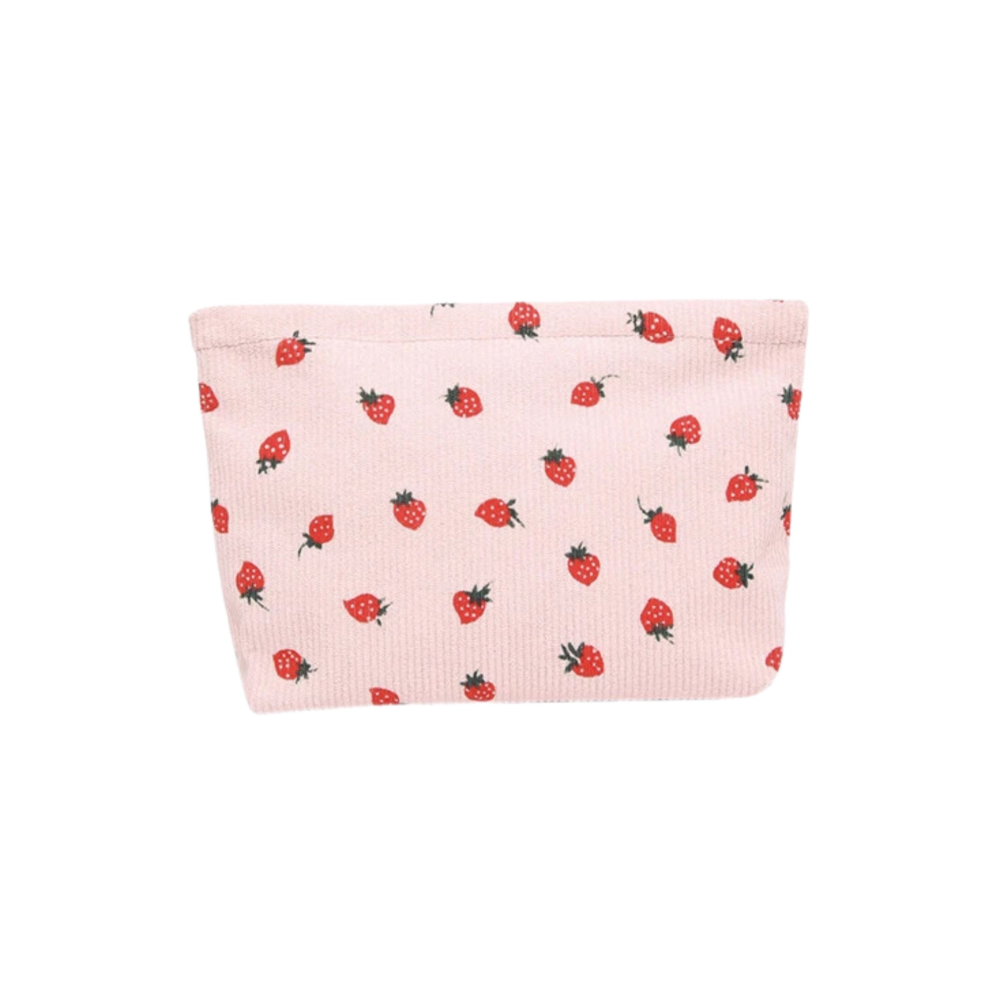 Krystinas Collection Pink Strawberry Print Corduroy Cosmetic Makeup Bag