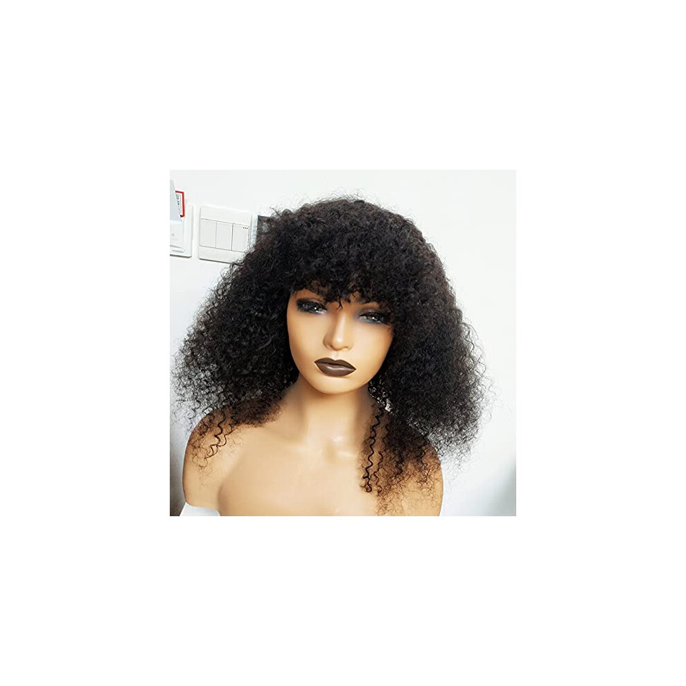 Unisex Afro Kinky Curly Human Hair Wig With Bangs 200% Density Virgin Brazilian Short Natural Look