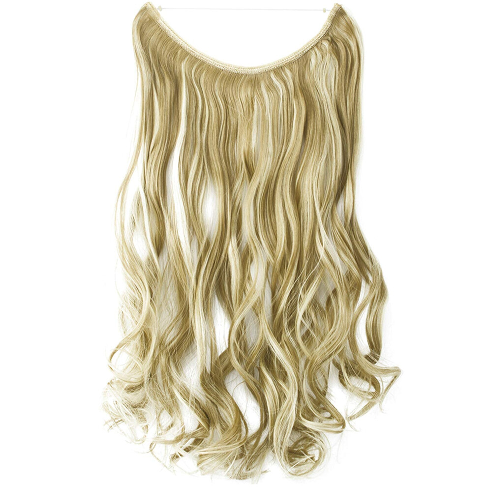 Unisex Light 22' Curly Ash Blonde Invisible Wire Synthetic Hair Extensions No Clips For Instant Volume