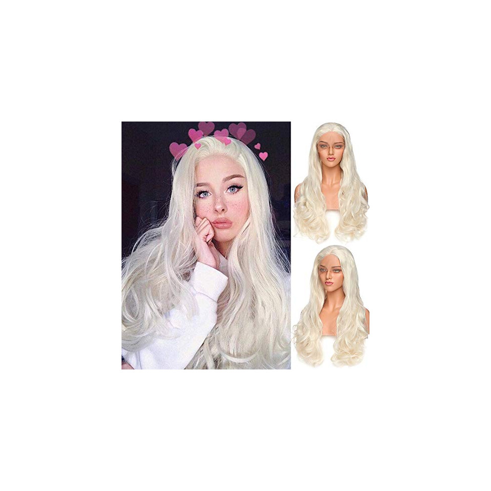 Lace Front Wig Platinum Blonde Synthetic Heat Resistant Long Wavy Natural Hairline 24 Inch