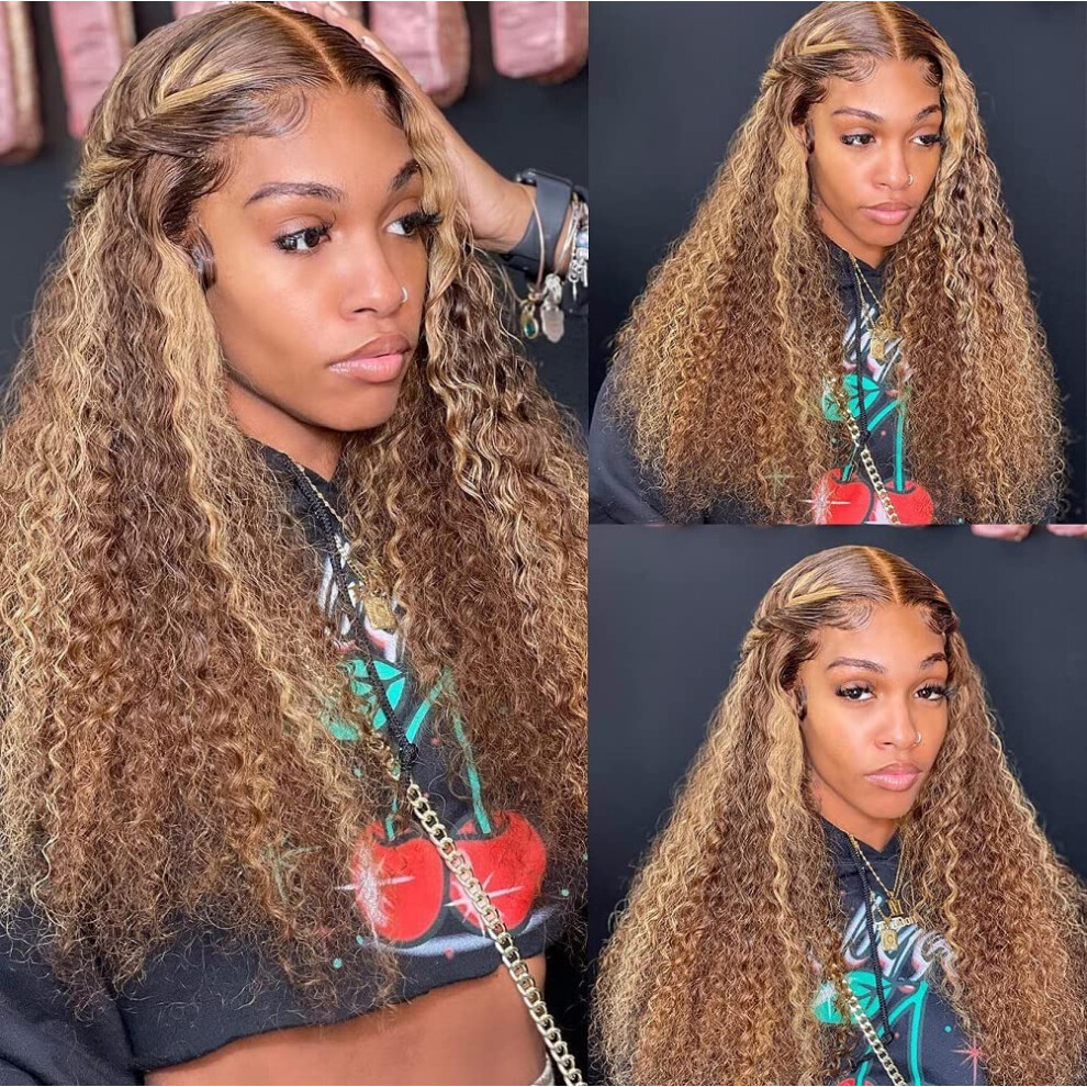 Unisex Curly Lace Front Wig 13X4 Hd Lace 24 Inch Brazilian Remy Human Hair 4/27 Highlight Pre Plucked