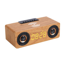 PAVEOS Kabelloser, aufladbarer Retro-Wecker aus Holz mit 10-W-Ladefunktion und Bluetooth-Lautsprecher, Gelb, kompatibel mit Mobiltelefonen und