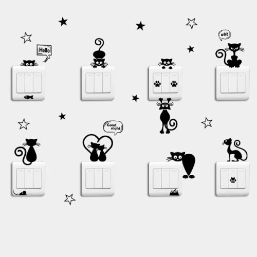 Sticker mural chat, stickers interrupteur chat noir stickers muraux Cr 1