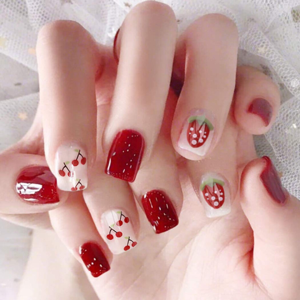 White,Red Press On Nails With Adhesive Red And White Glossy Strawberry Cherry 24Pcs False Nails For Women