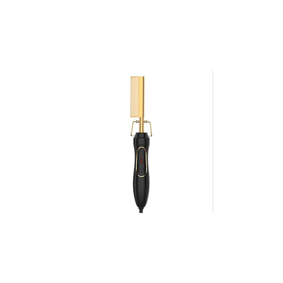 Black/Gold Hot Comb Hair Straightener With Tourmaline Ceramic, Fast Heat Up, Dual Voltage Beard And Hair Brush
