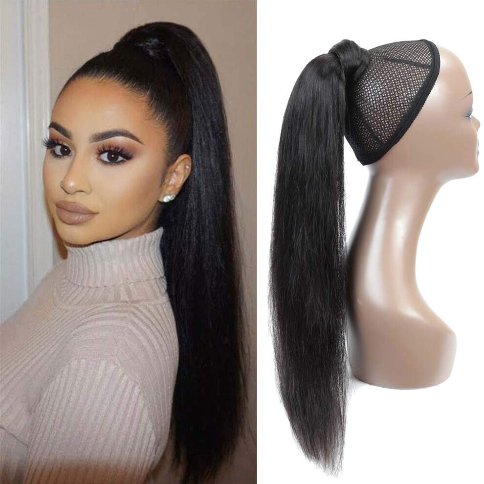 Unisex Long Straight Remy Human Hair Ponytail Extension 16 Inch 1B# Wrap Around Clipin Hairpiece