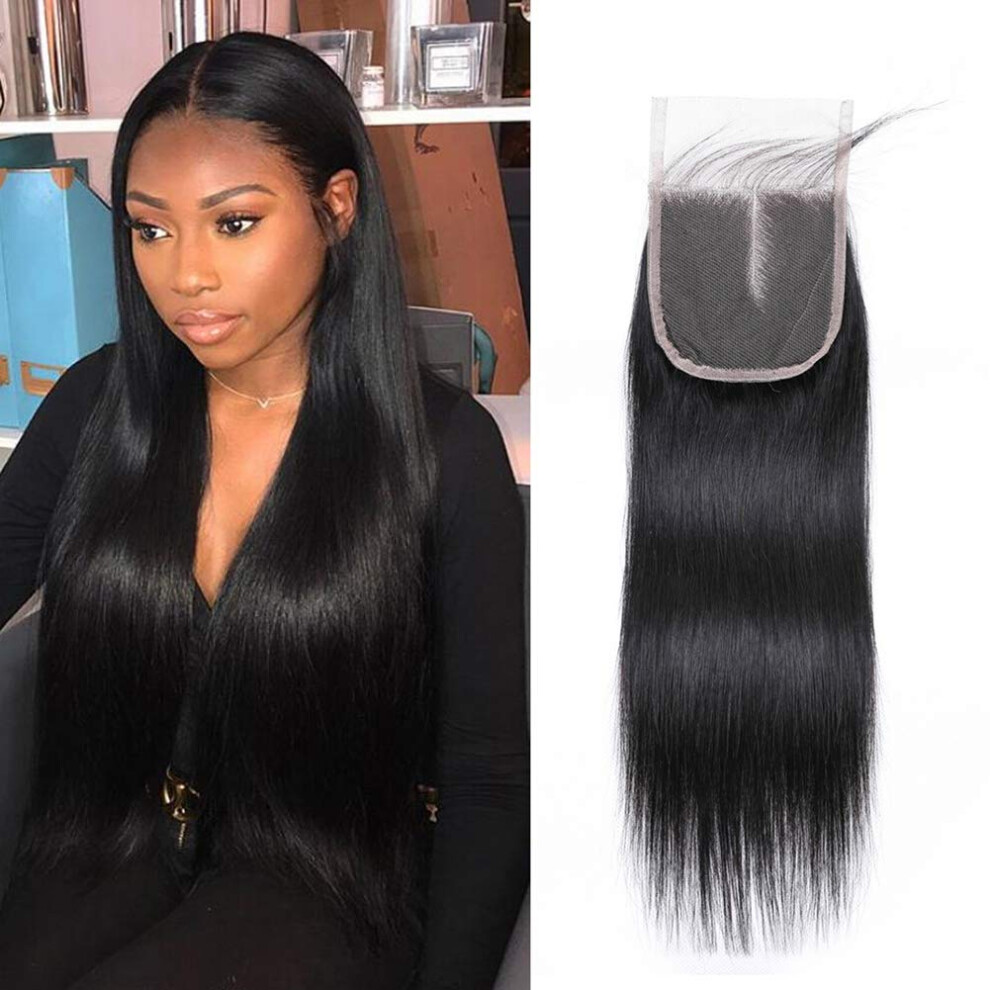 Unisex Brazilian Remy Human Hair Lace Closure 18 Inch Silky Straight Middle Part 4X4 Swiss Lace Bleached Knots